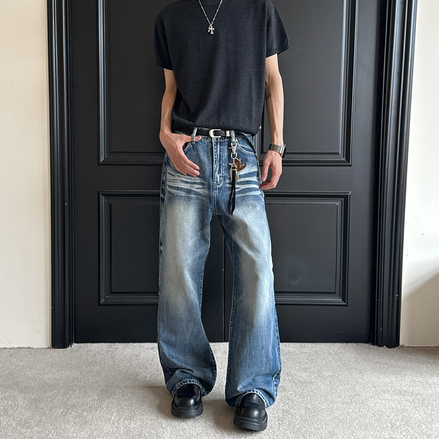 YORAINBOW美式复古深蓝色牛仔裤