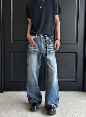 YORAINBOW 波纹猫须微喇牛仔裤美式复古做旧深蓝色男女百搭直筒裤