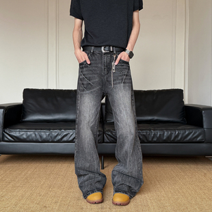 YORAINBOW 闪电裂纹微喇牛仔裤美式复古做旧男女款宽松直筒阔腿裤
