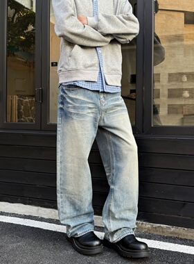 YORAINBOW 早春浅蓝色cleanfit猫须牛仔裤潮牌宽松男女复古直筒裤