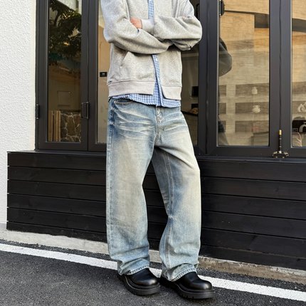 YORAINBOW 夏季浅蓝色cleanfit猫须牛仔裤潮牌宽松男女复古直筒裤