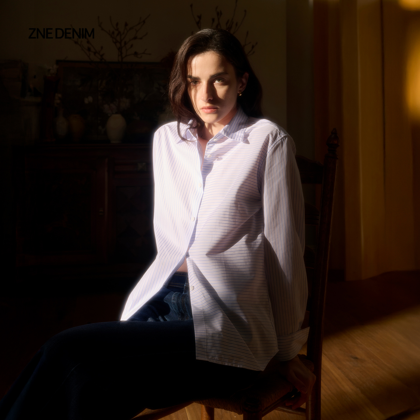 ZNE经典不对称条纹拼接收腰长袖纽扣式衬衫1675