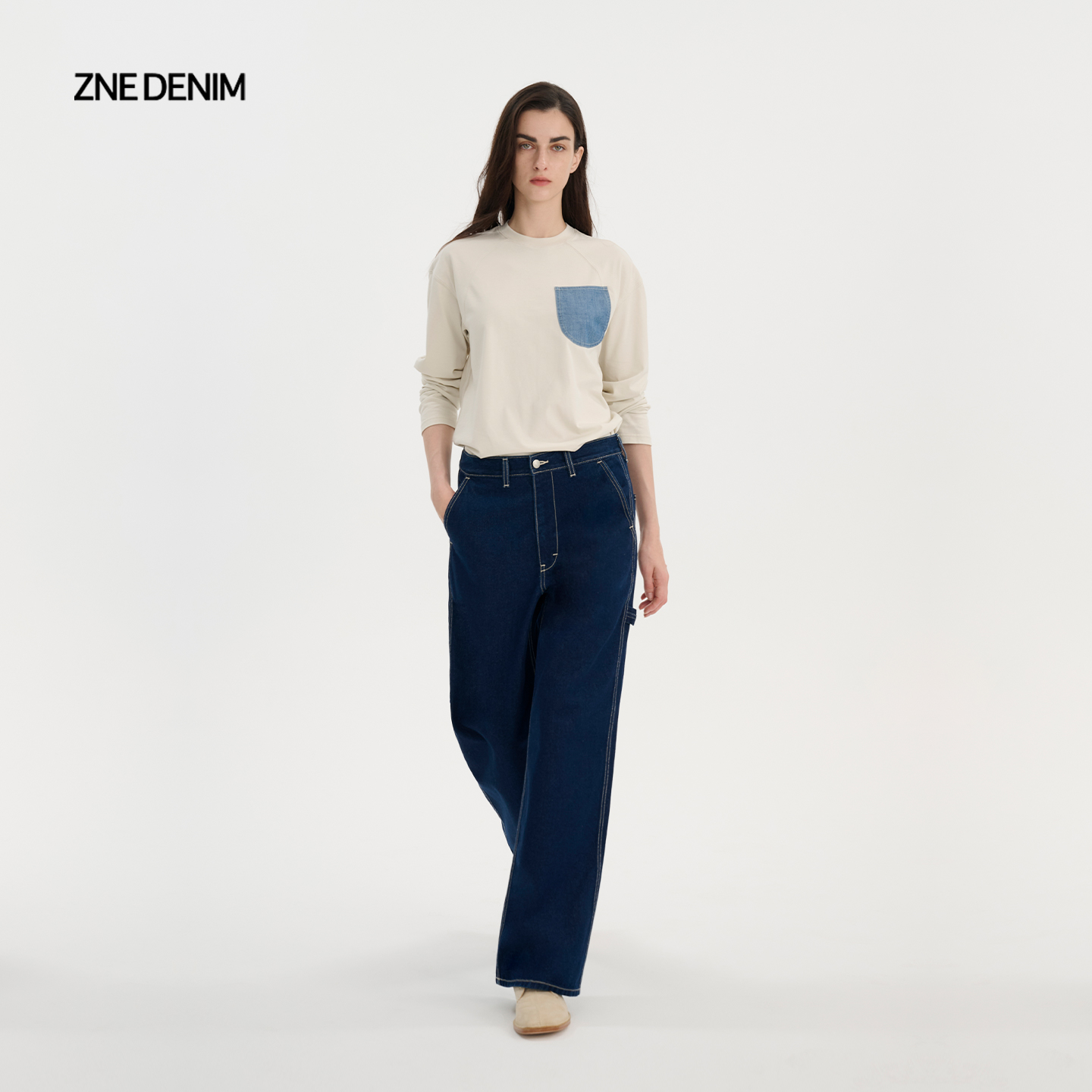 ZNEJeans工装立体层次感全棉宽松阔腿牛仔裤1629