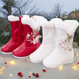 儿童靴中国风女童汉服鞋冬新款民族风绣花鞋大棉加厚古装唐装靴子