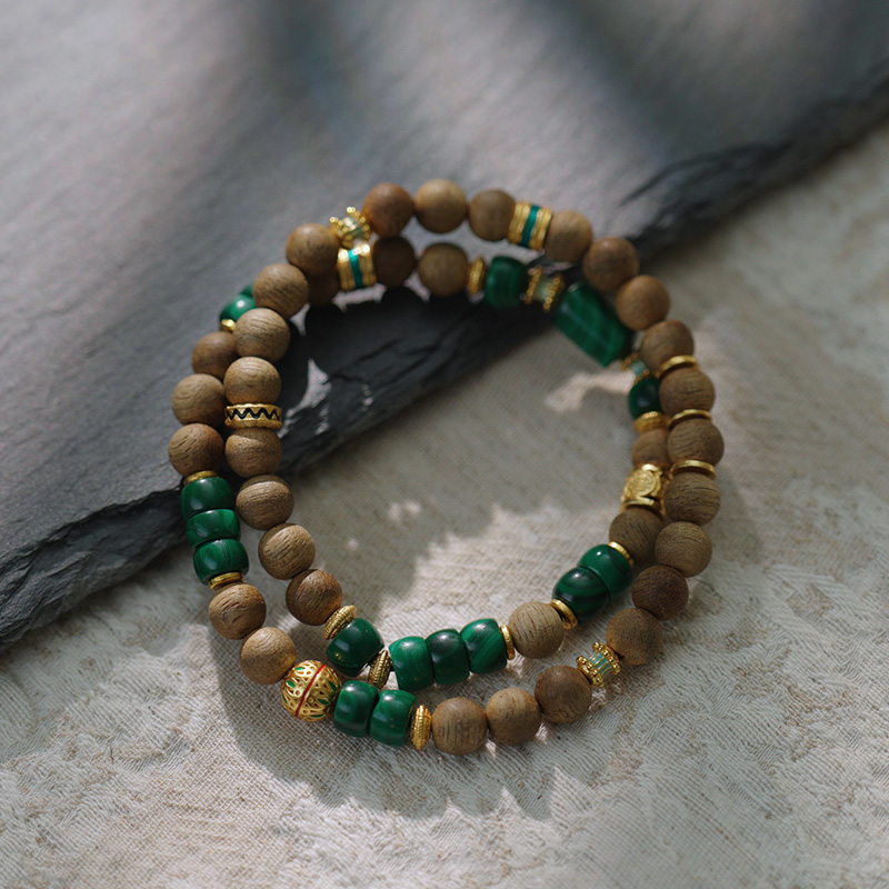 西泠绿奇楠沉香手串 孔雀石配件 圆珠 6mm 双圈 约15.5g XCB1115