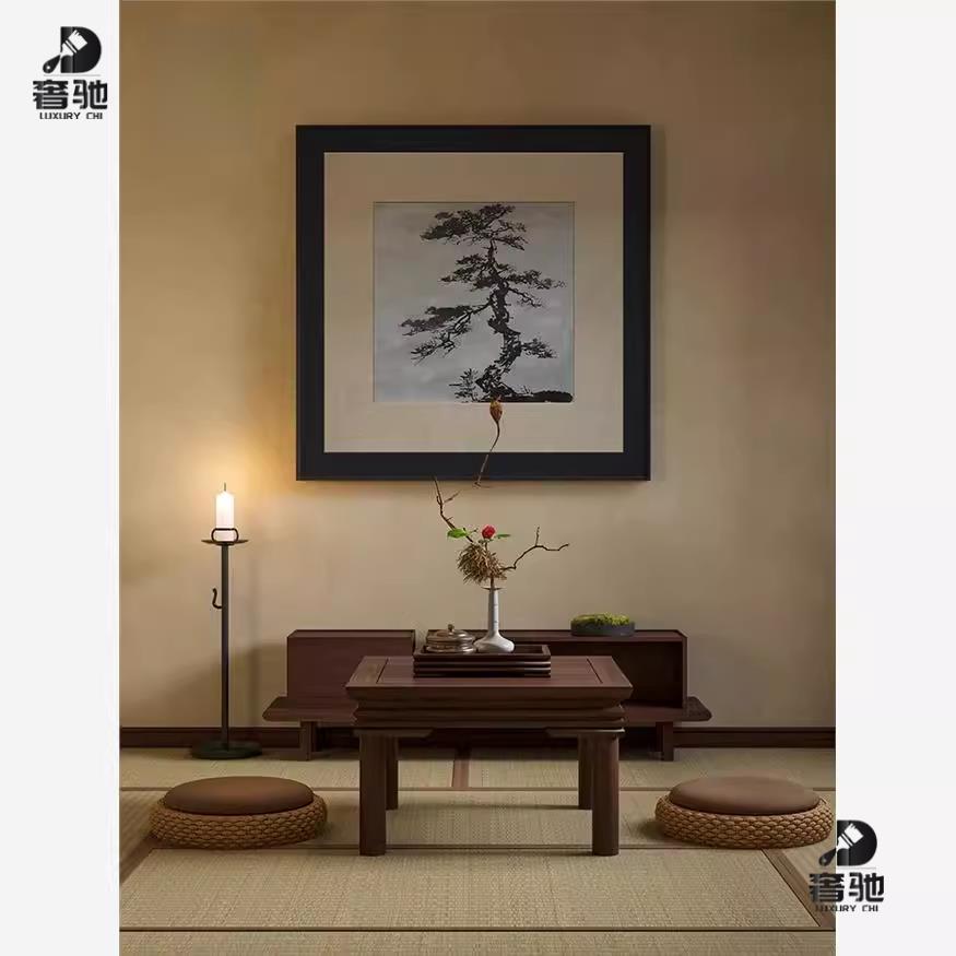 新中式黑色中国风松树进门玄关客厅茶室装饰画样板房壁画方形挂画