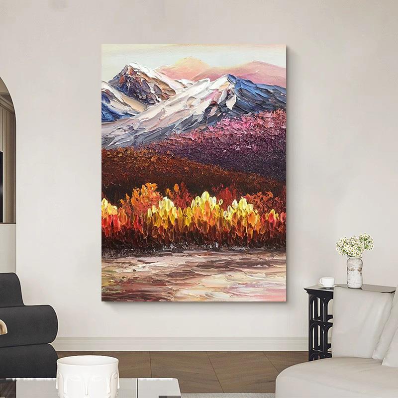 雪山手绘油画中古山峰风景装饰画客厅落地画玄关立体丙烯厚肌理画图片