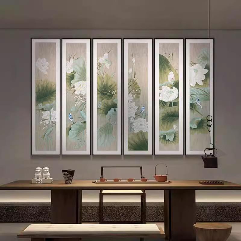 新中式竖版茶室书房荷花装饰画高级感大气玄关走廊过道组合画挂画图片