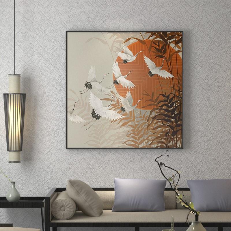 新中式仙鹤意境中国风装饰画轻奢客厅茶室玄关背景墙壁正方形挂画