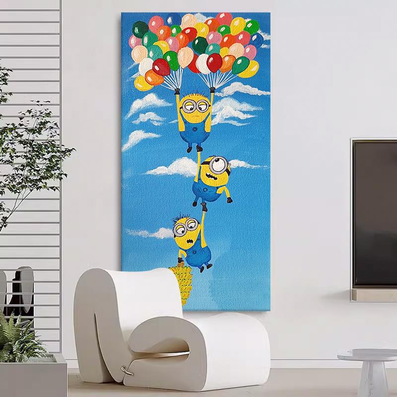 彩色气球蓝天白云手绘油画玄关卡通小黄人装饰画客厅小众艺术挂画图片