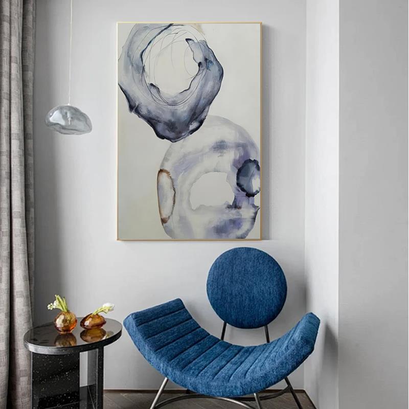 现代轻奢抽象蓝色水墨客厅装饰画沙发背景墙禅意大气竖版山水挂画