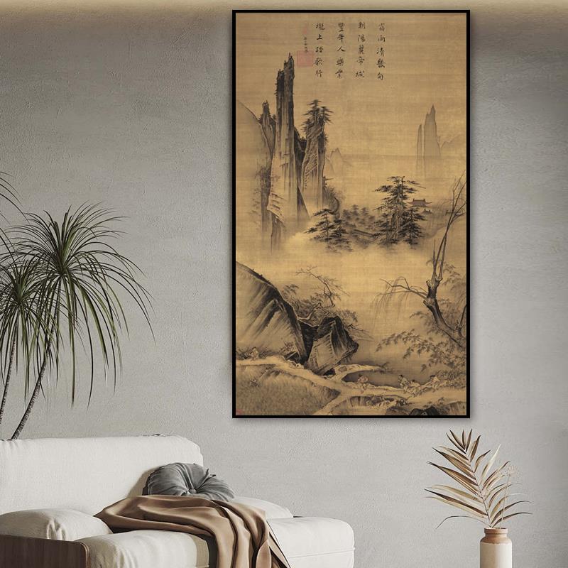 竖版风景新中式客厅沙发装饰画禅意踏歌图艺术玄关背景墙复古挂画