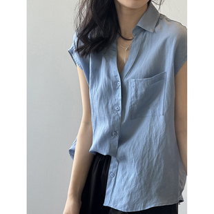 衬衣简约单排扣天丝上衣 蓝色衬衫 女2025新款 韩版 宽松休闲翻领无袖