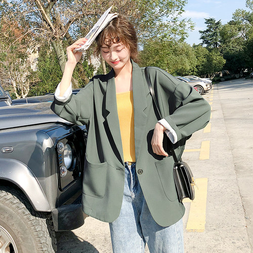 网红韩版宽松风学生垂感西服上衣