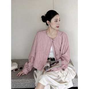 粉色皮衣外套女2025新款小香风圆领显瘦短款机车外套洋气PU皮夹克