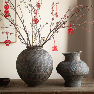 新中式复古粗陶花瓶民宿电视柜侘寂风粗陶罐子土陶艺术感插花花器