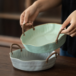日式 手工景德镇小清新食器水果碗家用陶瓷餐具绳编织耳防烫深盘