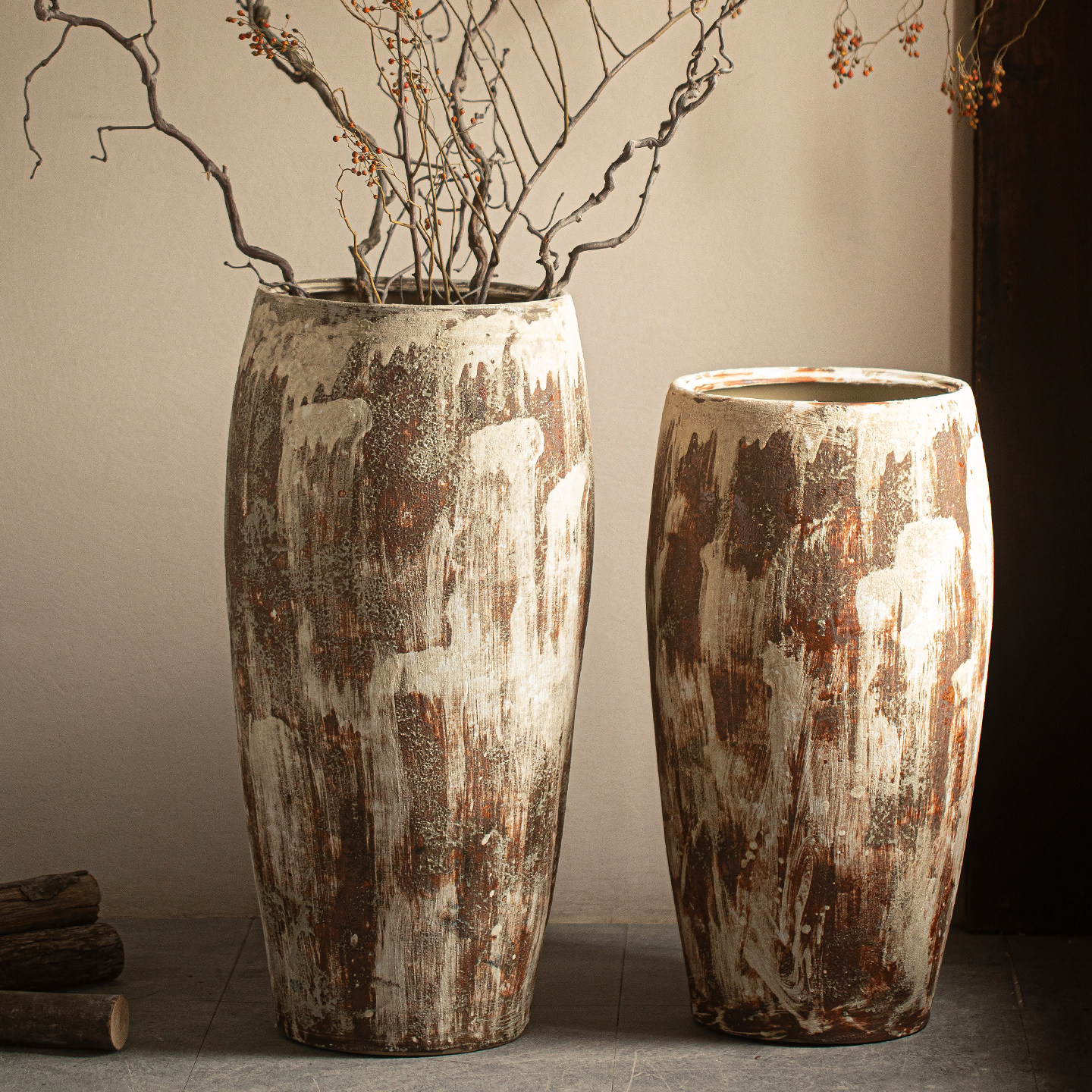 景德镇复古粗陶落地大花瓶插花仿真花客厅装饰艺术感高款民宿摆件