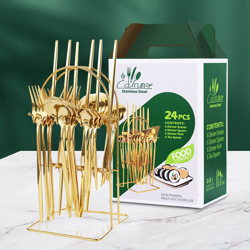 跨境西餐牛排刀叉勺亚马逊葡萄牙不锈钢餐具24件套收纳架礼盒套装