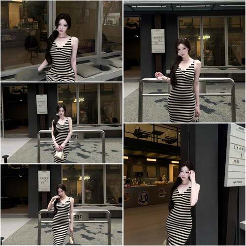 AWMUMU绝美辣妹条纹V领吊带洋装女夏季收腰显瘦复古性感长裙子