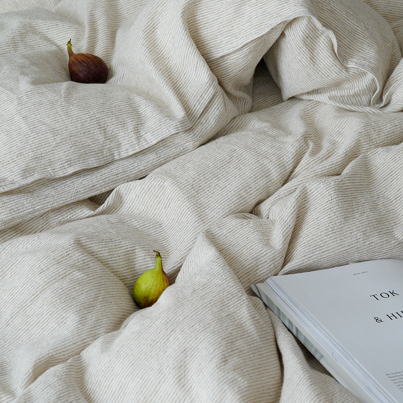 山隐造物床上用品四件套裸睡亲肤纯棉麻混纺水洗条纹床单被罩床笠