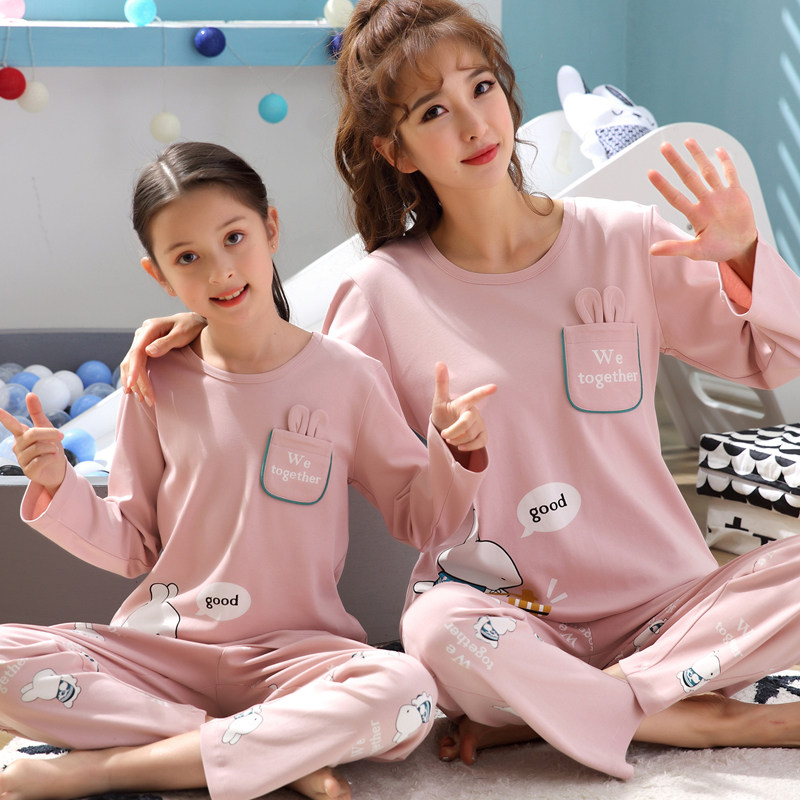 春秋季女童睡衣长袖纯棉卡通亲子母女儿童家居服中大童夏天薄套装