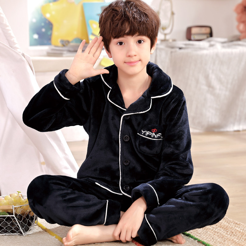 儿童睡衣男童秋冬季珊瑚绒法兰绒加厚款男孩12中大童15长袖家居服