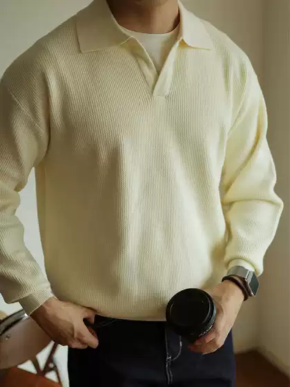Retro V Neck Knitwear Pullover Sweater with Lapel, Heavyweight Warm Men's Polo Long-Sleeved Jacket, American Style for Autumn and Winter