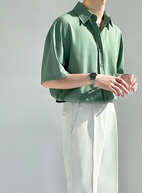 绿色白衬衫男女短袖痞帅韩版宽松