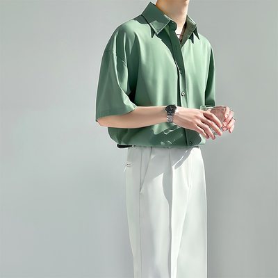 绿色白衬衫男女短袖痞帅韩版宽松