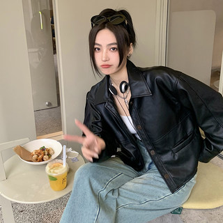 黑色短款皮衣外套小个子春季新款高级感复古仿羊皮2024女款夹克韩