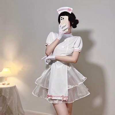 新款酒吧DS演出服gogo派对女团dj领舞性感白色软纱透视护士制服裙