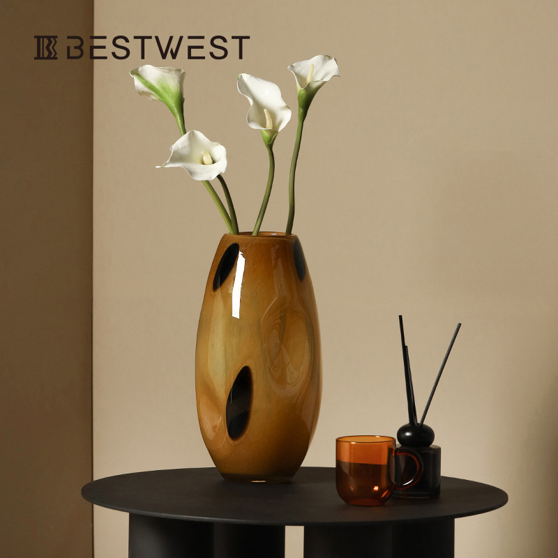 博西家居 中古棕黑色波点椭圆形玻璃花瓶家居设软装饰品水培花器