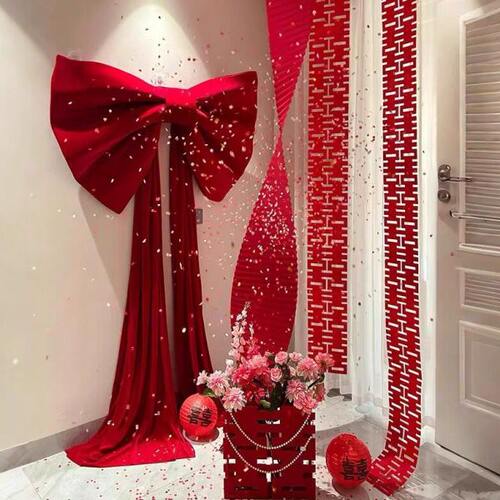 婚房布置套装超大红色蝴蝶结纱幔浪漫珍珠挂件背景墙客厅结婚装饰