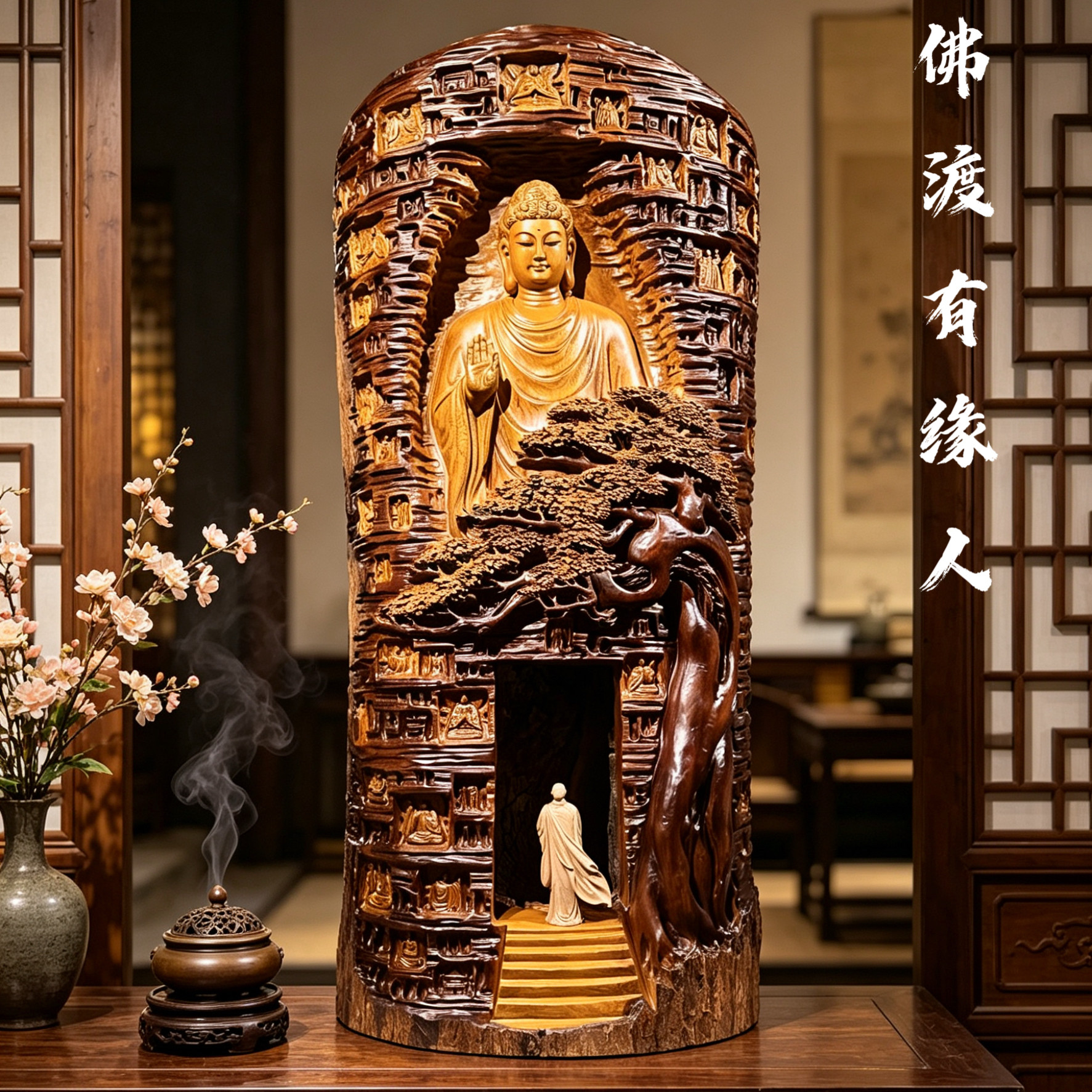 金丝楠崖柏禅意境观音弥勒佛像根雕摆件茶室空间客厅大型木雕摆件