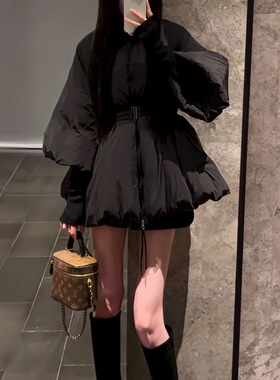 韩系小香风棉服女黑色灯笼袖收腰时尚保暖棉袄高级感面包服外套