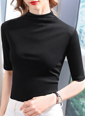 中袖t恤女2024欧货新款女装气质半高领网纱洋气小衫收腰弹力上衣