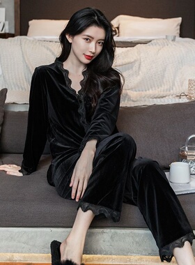 睡衣女秋冬2022年新款长袖开衫套装春季金丝绒蕾丝家居服居家舒适