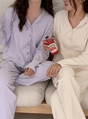 森岛新款家居服女秋冬纯色睡衣套装纽扣翻领上衣休闲长裤软糯外套
