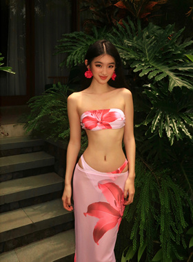 WHIMSY·粉色海边度假风花朵印花温泉度假性感比基尼三件套