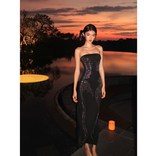 WHIMSY·黑色抹胸烫钻弹力修身显瘦抹胸长款连衣裙