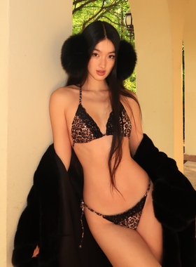 WHIMSY·蕾丝豹纹拼接系带ins性感温泉度假风比基尼两件套