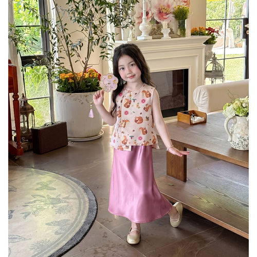 女童新中式国风汉服旗袍2026夏季中大童绝美松鼠印花马甲宝宝半裙