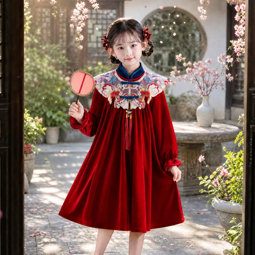 女童新中式秋冬汉服连衣裙2026新款儿童古风洋气小女孩红色拜年服