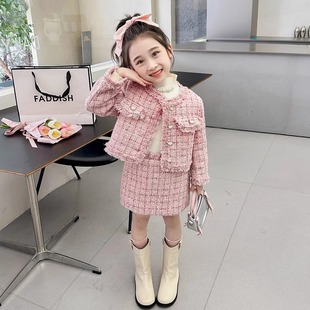 女童秋冬季加棉小香风套装裙2025新款儿童粉色甜美加厚两件套裙子