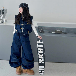 时尚 马甲套装 潮酷打底工装 女童2026新款 套装 韩版 阔腿牛仔裤 春秋季