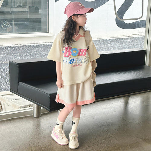 女童polo衫T恤套装洋气2026新款潮小女孩夏装短裤休闲运动两件套