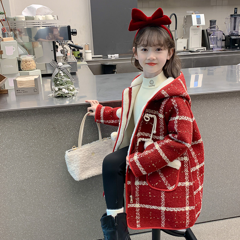 女童秋冬装外套2025洋气儿童呢子大衣加绒加厚年服女孩过年新年装