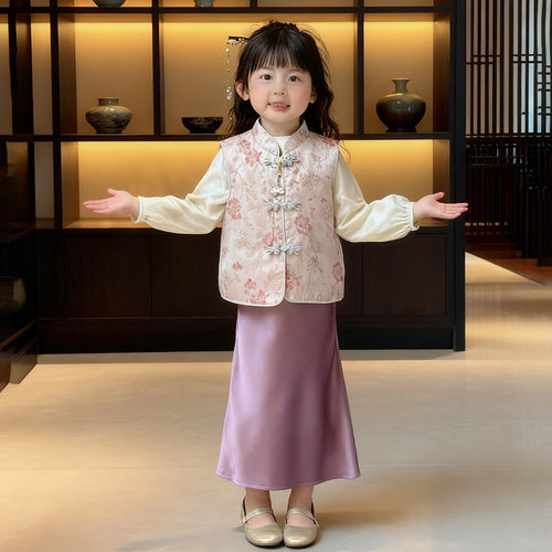 女童汉服旗袍新中式国风套装2026秋季儿童秋装宝宝粉色马甲半身裙