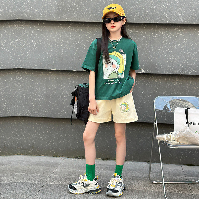 女童夏季洋气休闲短袖套装2026夏季新款童装女孩薄款五分裤两件套